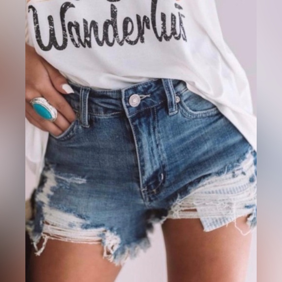 KanCan Dark Wash Distressed Denim Cut Off Jean Shorts - Picture 6 of 7